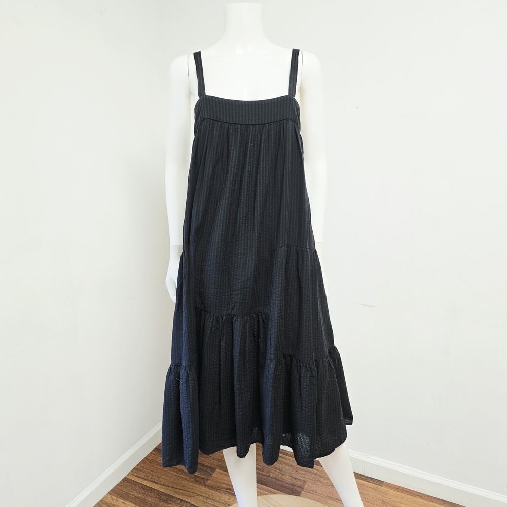 Jenni Kayne Seersucker Summer Dress Size XS Black Stripe Tiered Flowy Midi Boho